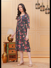 Chic Green Alia Cut Flared Cotton Long Kurti with Unique Prints - A Blend of Comfort, Style, and Graceful Design for Any Occasion